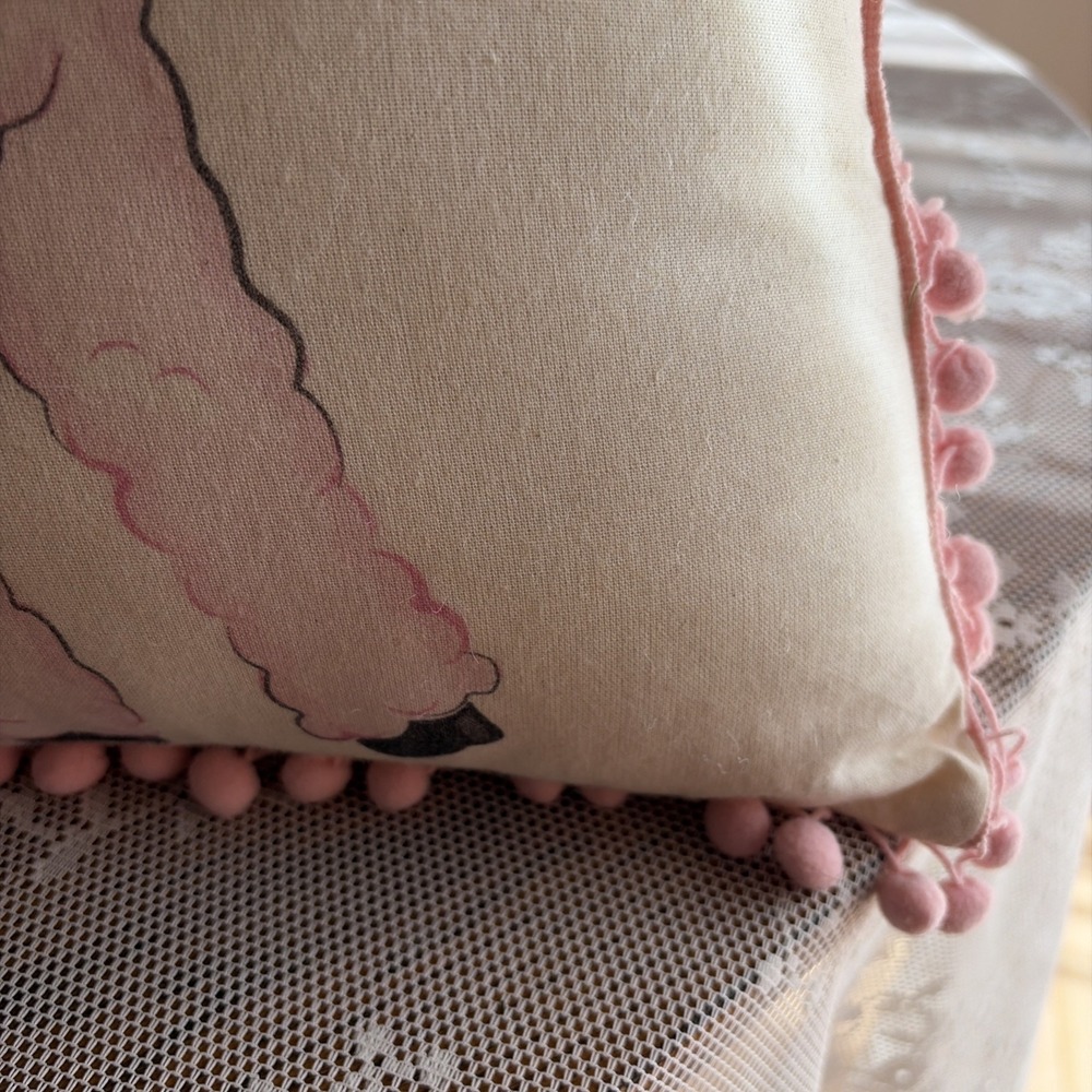 Vintage Inspired Kitschy Lamb Throw Pillow Pink Pom Pom Fringe Square Polka Dots - Picture 7 of 16